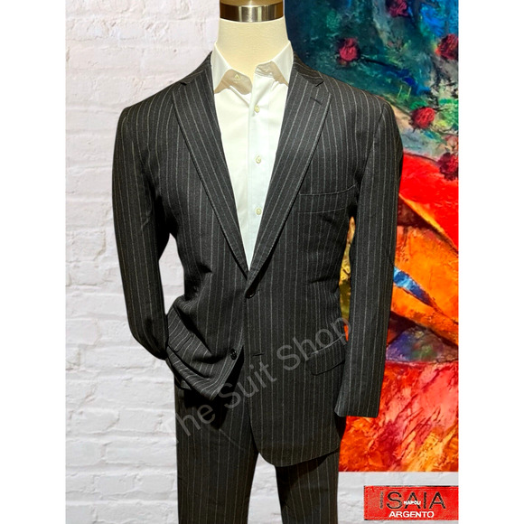 Isaia Other - Isaia Napoli 46L 37x31 Gray Stripe Wool Flannel Designer 2 Piece Suit Italy